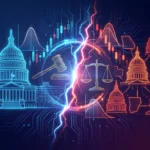 US Capitol dome facing state capitols split by a fracture line, with a gavel, scales of justice and financial market charts
