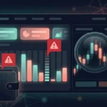 Dark editorial illustration of prediction market trading screens with warning flags and a magnifying glass