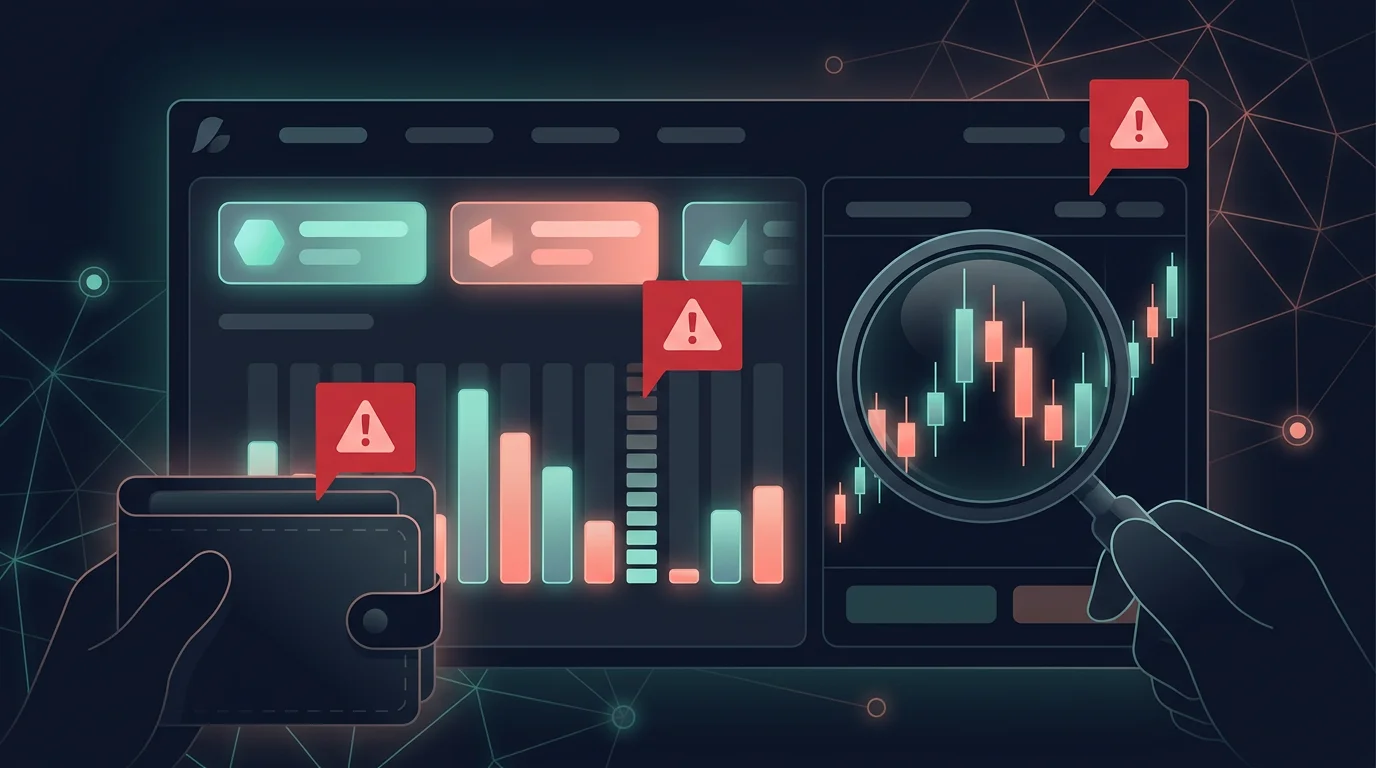 Dark editorial illustration of prediction market trading screens with warning flags and a magnifying glass