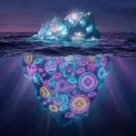 Iceberg metaphor showing a small regulated tip above water and a much larger unregulated portion full of gambling chips and dice glowing beneath the surface