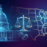 Federal Capitol, scales of justice and a U.S. state map over a rising market chart, symbolizing the CFTC sports prediction market rules fight