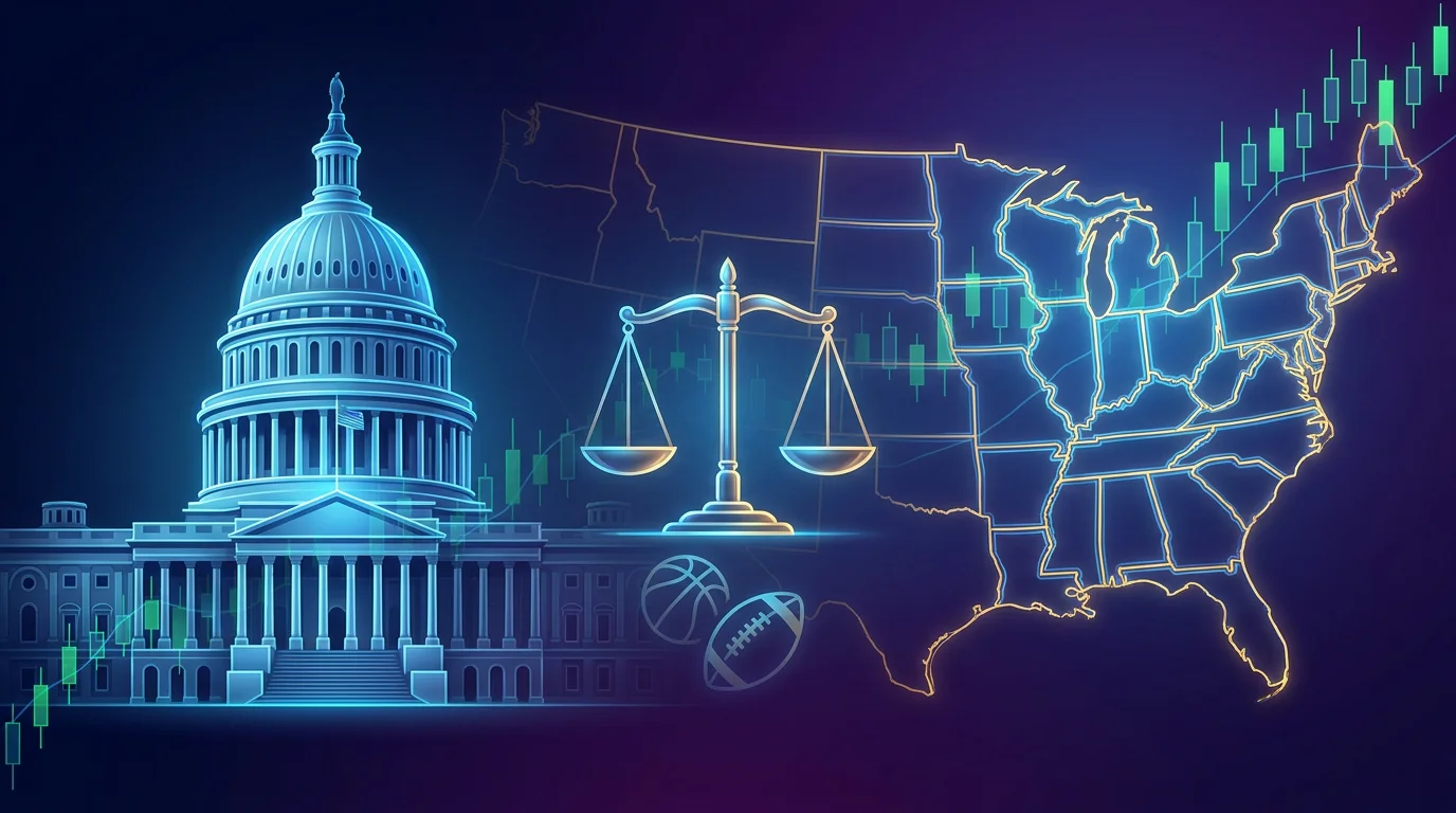 Federal Capitol, scales of justice and a U.S. state map over a rising market chart, symbolizing the CFTC sports prediction market rules fight