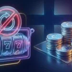 Online slot reel with a no-autoplay prohibition symbol, euro coins and a subtle Finnish flag, illustrating Finland's draft slot rules