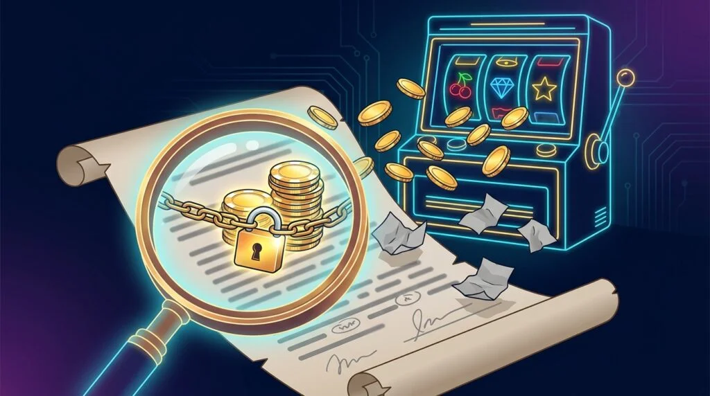 Magnifying glass over casino bonus fine print revealing a padlock and chain around free spin winnings next to a neon slot machine