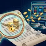 Magnifying glass over casino bonus fine print revealing a padlock and chain around free spin winnings next to a neon slot machine
