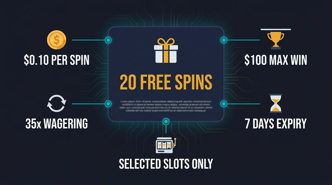 Infographic decoding a 20 free spins offer: $0.10 per spin, 35x wagering, $100 max win, 7 days expiry, selected slots only