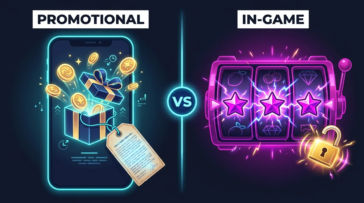 Split comparison of promotional free spins claimed from a casino app with terms attached versus in-game free spins triggered by three scatter symbols