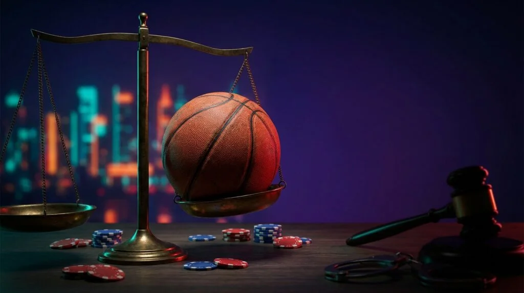 A basketball balanced on the scales of justice beside casino chips, a gavel and handcuffs, symbolizing the Fresno State betting scandal prosecution