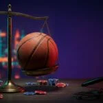 A basketball balanced on the scales of justice beside casino chips, a gavel and handcuffs, symbolizing the Fresno State betting scandal prosecution