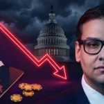 George Santos beside the US Capitol with a crashing red prediction market odds line, casino chips and a torn paper