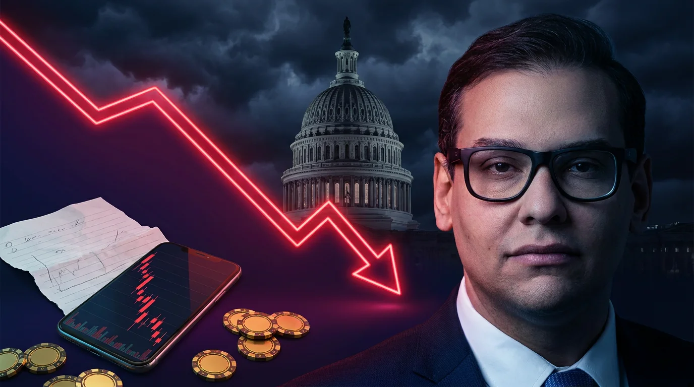 George Santos beside the US Capitol with a crashing red prediction market odds line, casino chips and a torn paper