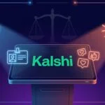 Kalshi logo on a trading terminal under two regulatory spotlights with an employee ID badge and influencer megaphone
