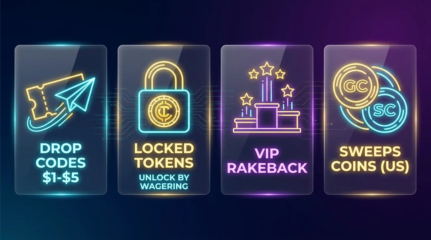 Four ways crypto casinos hand out free value instead of no-deposit bonuses: drop codes worth $1 to $5, locked tokens that unlock by wagering, VIP rakeback, and sweeps coins in the US