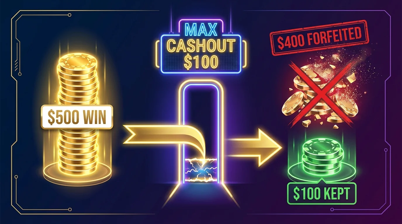Illustration of a max cashout cap: a $500 win passes through a $100 cashout gate, leaving $100 kept and $400 forfeited