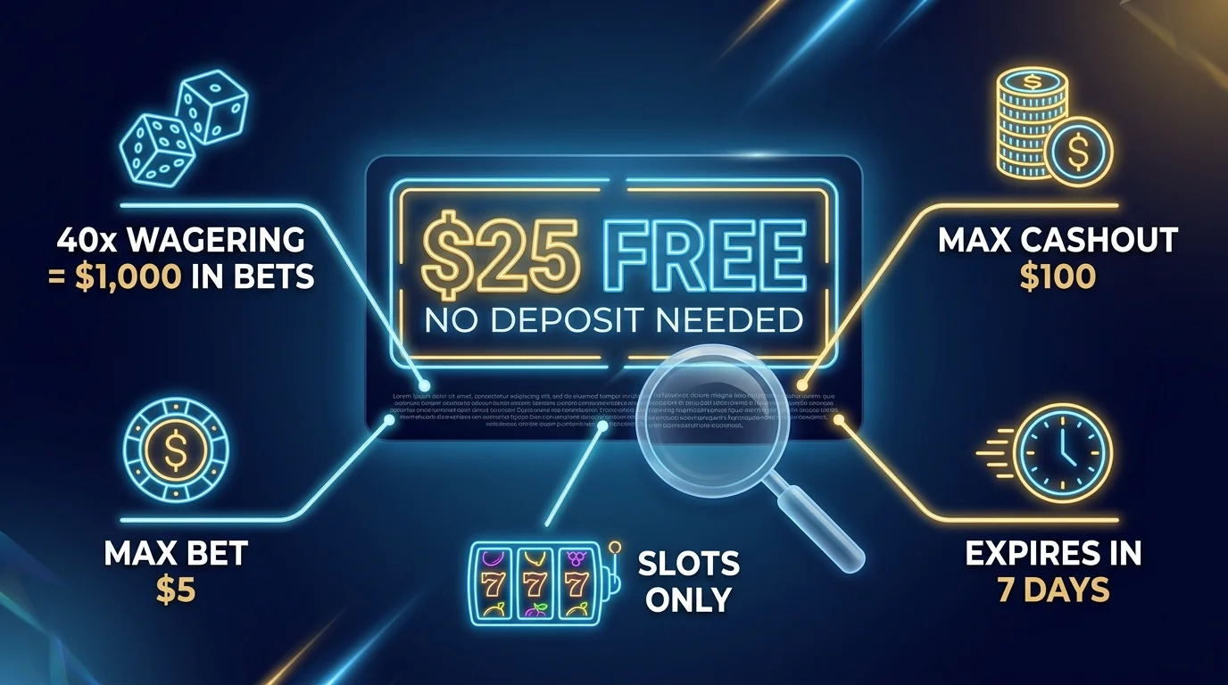 Infographic decoding a $25 free no-deposit bonus offer: 40x wagering equals $1,000 in bets, $100 max cashout, $5 max bet, 7-day expiry, slots only