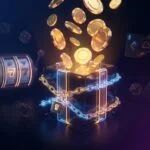 Casino chips and gold coins spilling from a gift box wrapped in chains with a padlock, symbolizing the locked terms of no deposit bonuses