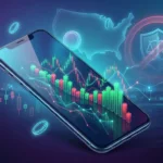 Smartphone showing prediction-market charts over a US map, ocean horizon and a regulatory shield, illustrating banned offshore prediction markets