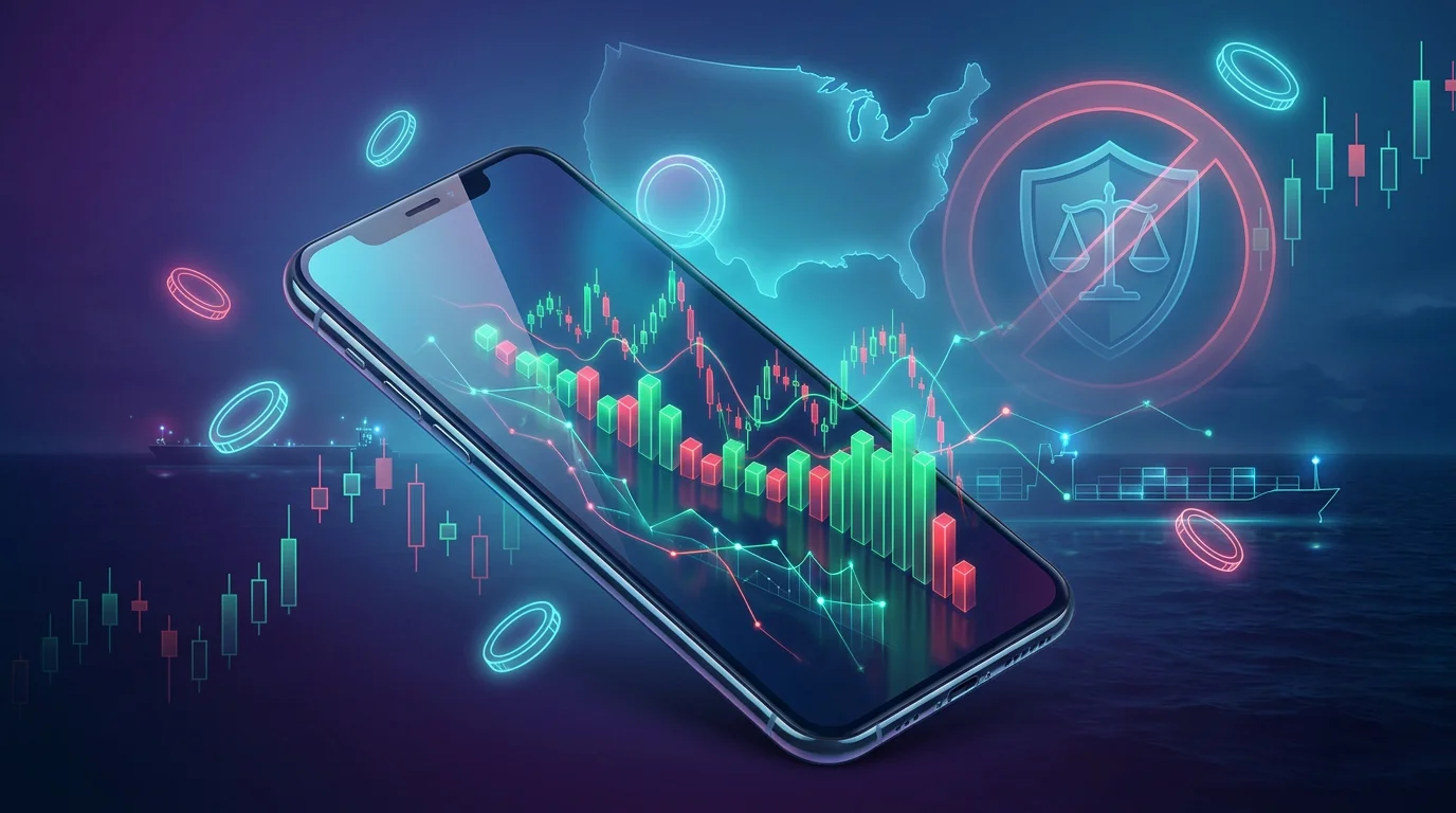 Smartphone showing prediction-market charts over a US map, ocean horizon and a regulatory shield, illustrating banned offshore prediction markets