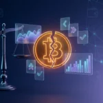 Fractured gold Bitcoin coin on tipping balance scales surrounded by prediction-market charts, symbolizing Polymarket's disputed MicroStrategy ruling