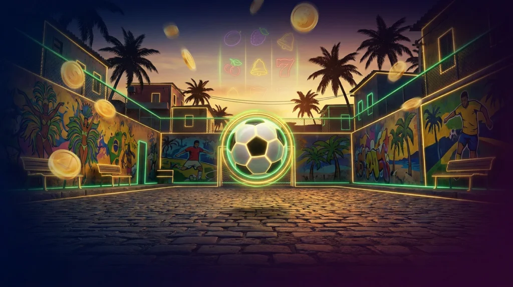 Brazilian street football court with a glowing ball and golden coins, evoking Ronaldinho's Streetball Bonanza slot by Booming Games