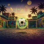 Brazilian street football court with a glowing ball and golden coins, evoking Ronaldinho's Streetball Bonanza slot by Booming Games
