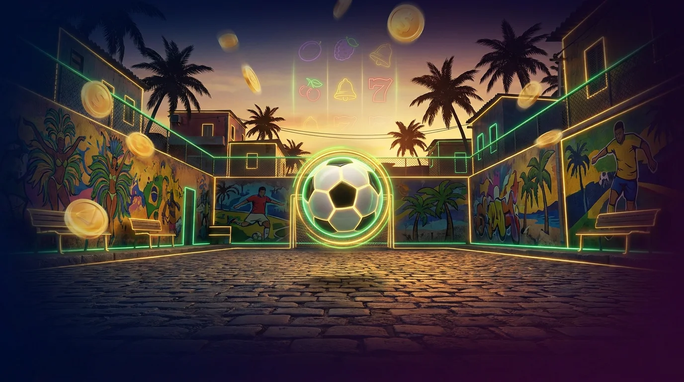 Brazilian street football court with a glowing ball and golden coins, evoking Ronaldinho's Streetball Bonanza slot by Booming Games