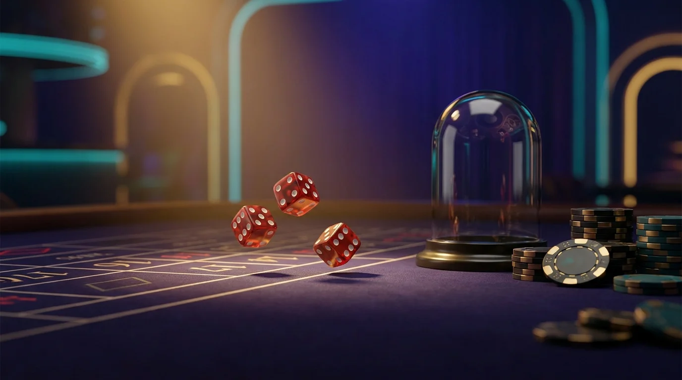 Three red dice tumbling onto a Sic Bo casino betting table beside a glass dice dome and stacked chips