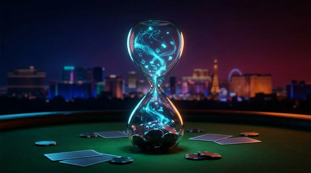 Glowing hourglass on a casino table draining digital data particles into casino chips against the Las Vegas skyline, symbolizing the delayed disclosure of the Station Casinos data breach