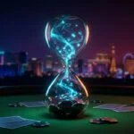 Glowing hourglass on a casino table draining digital data particles into casino chips against the Las Vegas skyline, symbolizing the delayed disclosure of the Station Casinos data breach