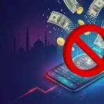Smartphone showing a betting app behind a red no-entry symbol over a Syrian skyline as currency dissolves