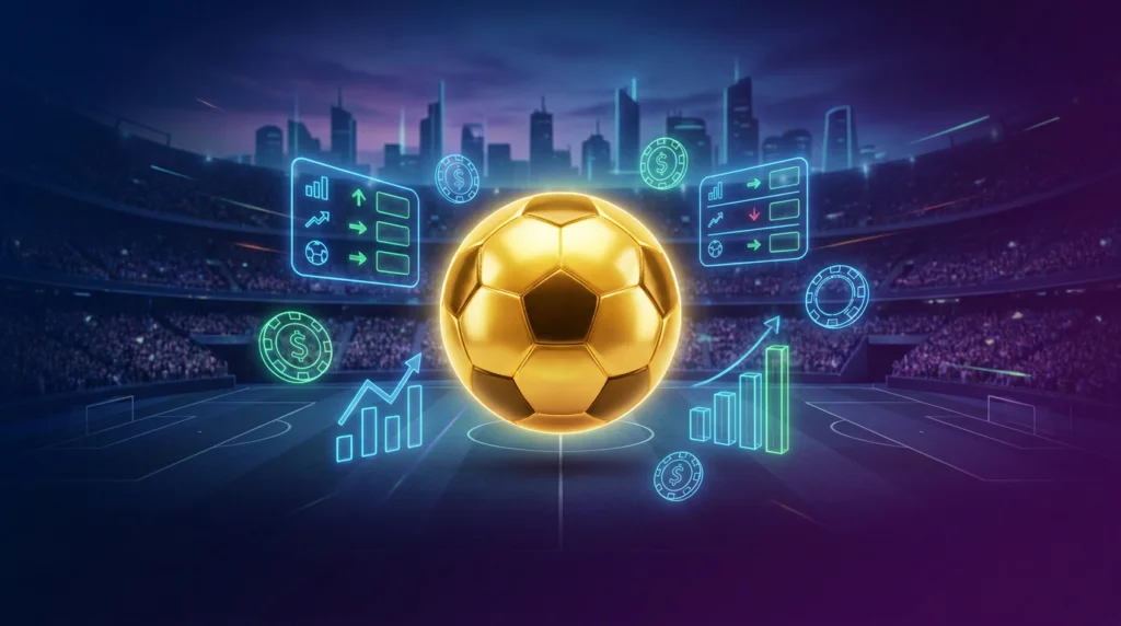 Golden soccer ball surrounded by glowing betting charts and odds boards in a packed stadium, illustrating World Cup 2026 record betting volume