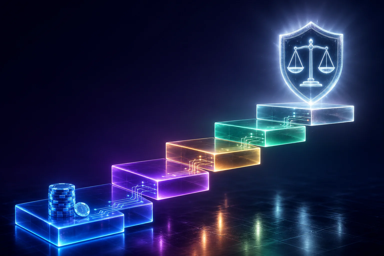 Five glowing glass steps rising in sequence toward a shield containing scales of justice, with a stack of casino chips on the lowest step
