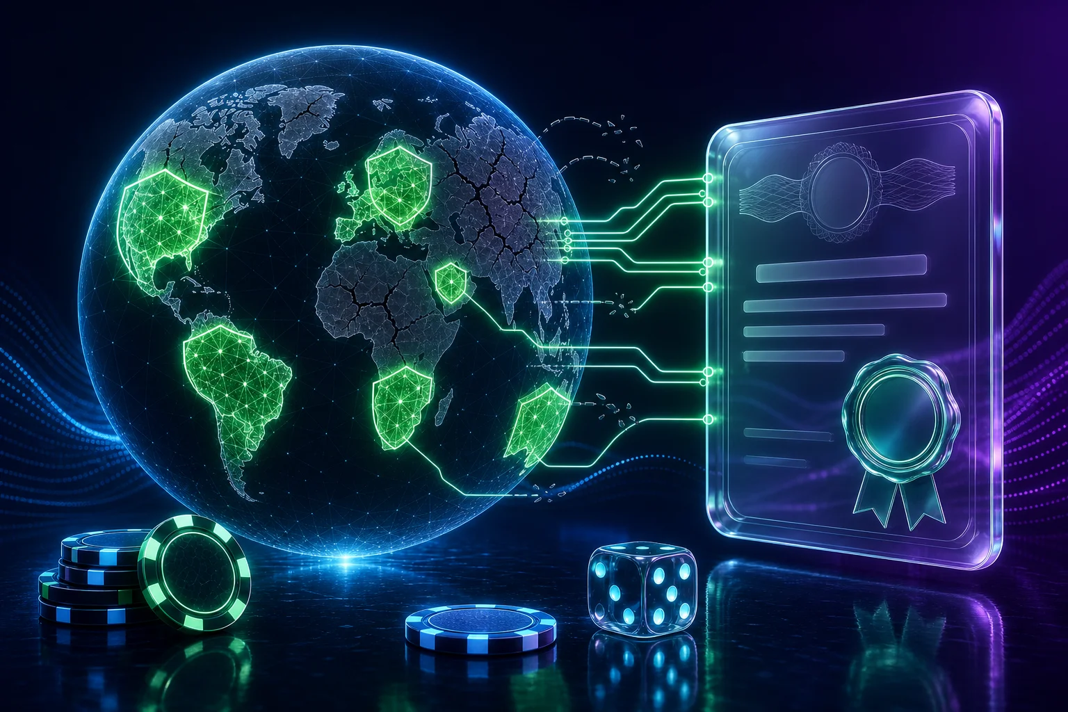 Glowing globe with some regions shielded in green and linked by circuit lines to a floating license certificate, while other regions are dim and disconnected