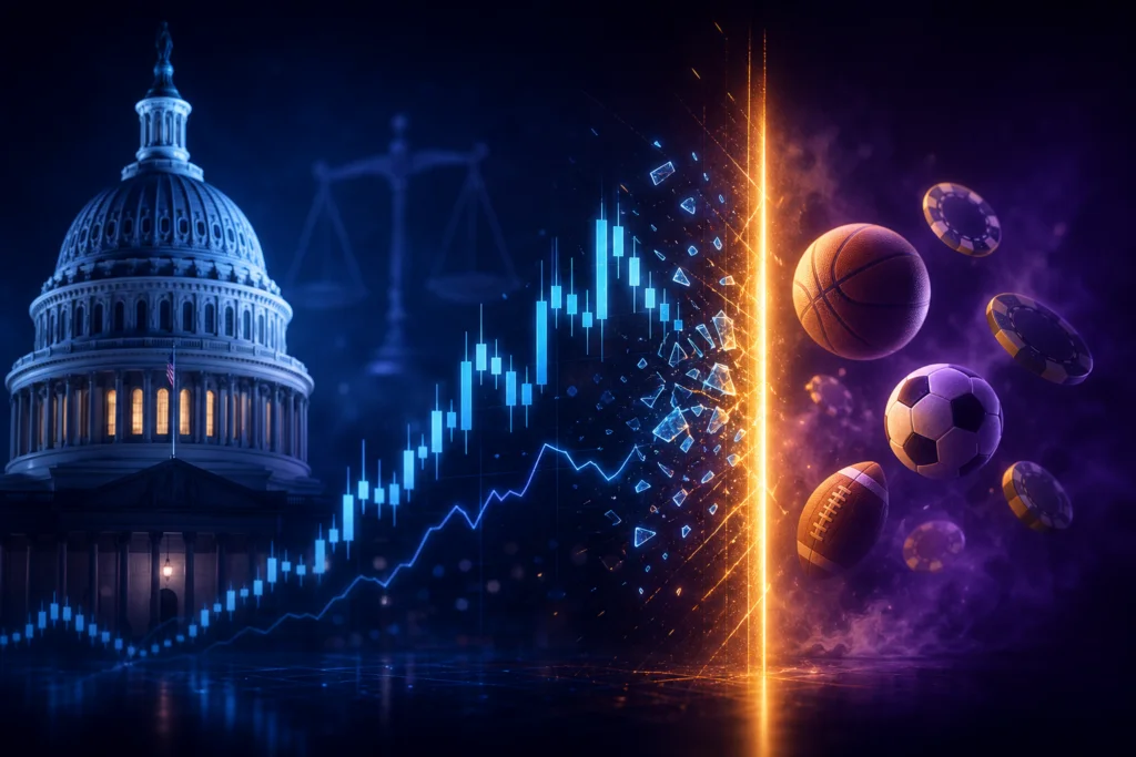 US Capitol dome beside a fracturing trading chart, separated by a barrier of light from floating sports balls and casino chips