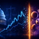 US Capitol dome beside a fracturing trading chart, separated by a barrier of light from floating sports balls and casino chips