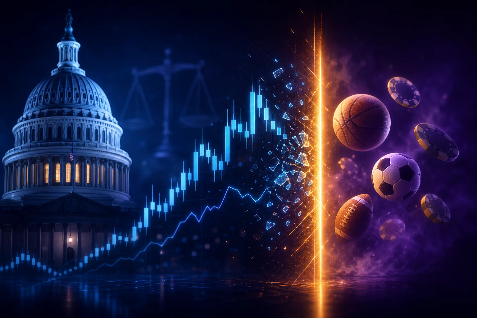 US Capitol dome beside a fracturing trading chart, separated by a barrier of light from floating sports balls and casino chips