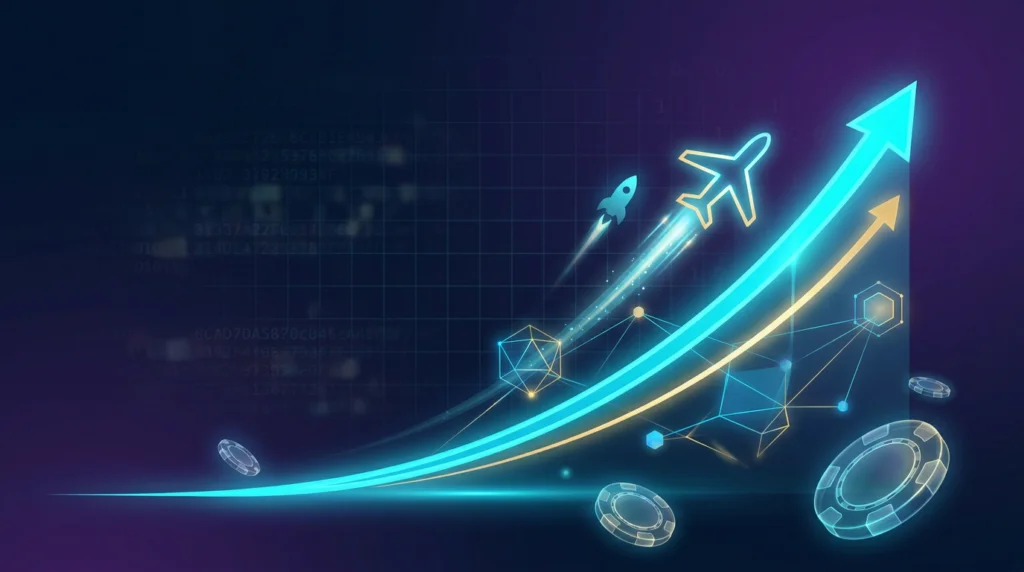 Rising multiplier curves with an ascending airplane and rocket over a provably-fair hash grid, illustrating how crash games work