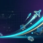 Rising multiplier curves with an ascending airplane and rocket over a provably-fair hash grid, illustrating how crash games work