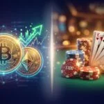Split image contrasting glowing Bitcoin and Ethereum coins with traditional casino chips and cards