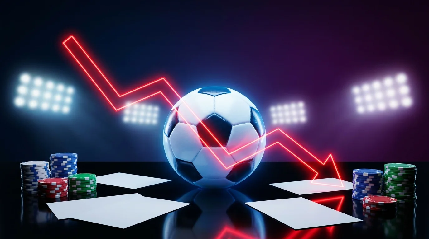 Soccer ball with a red downward arrow, casino chips and blank betting slips symbolizing sportsbook losses on the 2026 World Cup