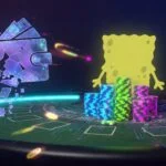Dark neon casino table with sponge mascot silhouette and cracked digital wallet, no text
