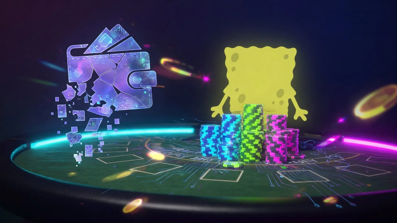 Dark neon casino table with sponge mascot silhouette and cracked digital wallet icon, no text