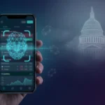 Smartphone showing a sports betting app with a facial-recognition scan overlay in front of the US Capitol