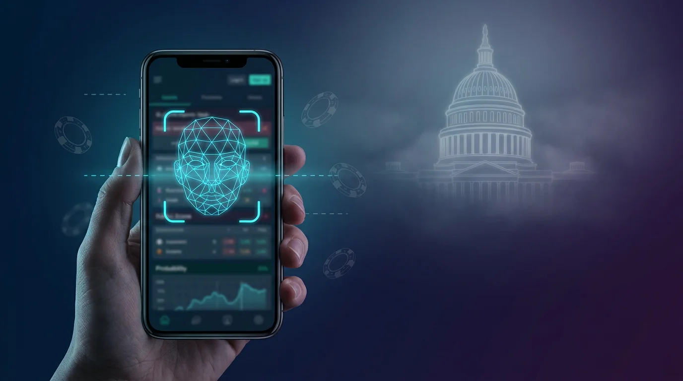 Smartphone showing a sports betting app with a facial-recognition scan overlay in front of the US Capitol