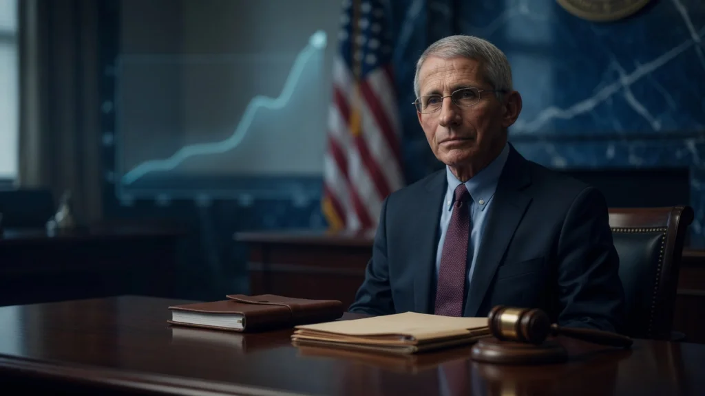 Dr Anthony Fauci at Senate hearing table with diary folders gavel and rising odds chart