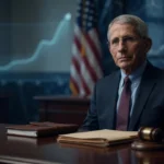 Dr Anthony Fauci at Senate hearing table with diary folders gavel and rising odds chart