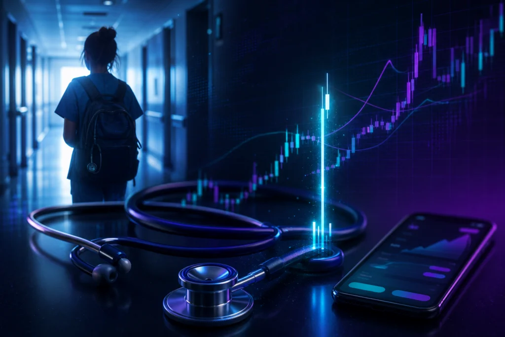 Healthcare student silhouette in hospital corridor with stethoscope and prediction market trading chart visuals