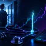 Healthcare student silhouette in hospital corridor with stethoscope and prediction market trading chart visuals
