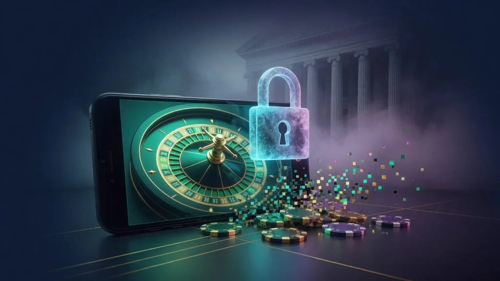 Smartphone showing online roulette with glowing lock and courthouse