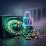 Smartphone showing online roulette with glowing lock and courthouse